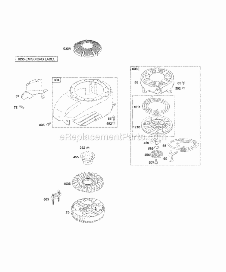 Blower HousingShrouds Flywheel Rewind Starter Diagram and Parts List for 12F612-0115-B1  Briggs and Stratton Engine